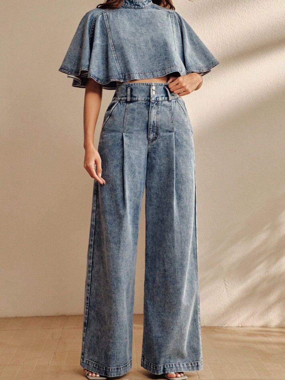Blue Casual Women's Denim High Waist Wide Leg Pants & Short Sleeve Cape Set - Picture 6 of 7